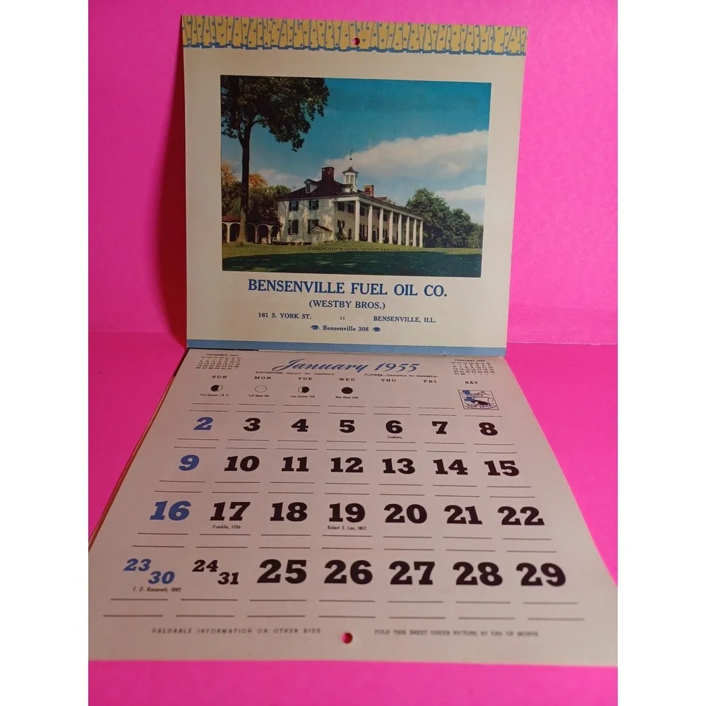 1955 CALENDAR Bensonville Fuel Oil Co. Westby Bros. ILLINOIS Washington's home